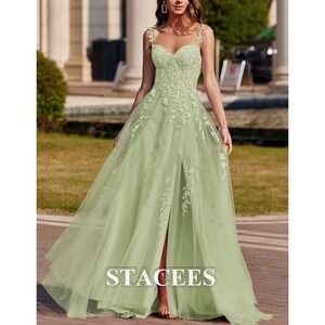 Stacees Women's Dusty Sage Appliqued Beaded Sweep Train‎ A-Line Prom Dress NWT 0